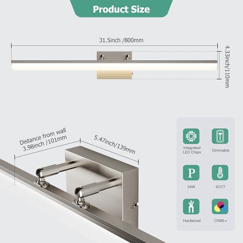 Brushed Nickel Vanity Light 31.5", 24W LED Dimmable Bathroom Light Bar with Adjustable Angle & 5CCT – Modern Long Wall Fixture for Bathroom, Powder Room, Bedroom, Apartment, Hotel - color: Brushed Nickel, size: 31.5 Inch Long