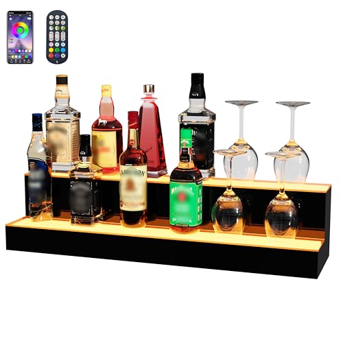 MESAlLUP 30 Inch 2 Tier Lighted Liquor Bottle Display Shelf, LED Bar Shelves with APP or Remote Control, Mulit Color Lighting for Home Mini Bars Decor, Restaurants & Party Use, Acrylic Stand - size: 2 Tiers 30 Inches
