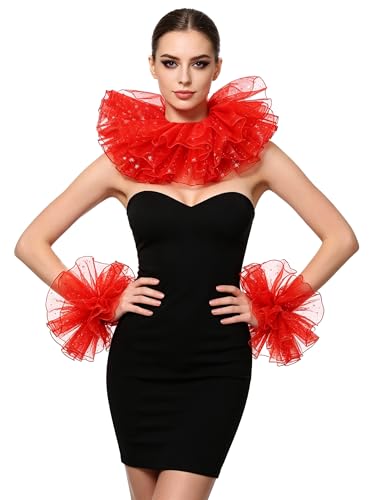 Renaissance Victorian Ruffle Collar and Wrist Cuffs Set Organza Colonial Clown Choker Neck Collar Cuff - color: Red