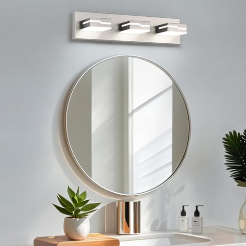 3-Light LED Bathroom Vanity Light, 19 Inch Modern Brushed Nickel | Vanity Light Fixture, Dimmable Bathroom Lighting Over Mirror with 350° Adjustable Acrylic Heads, 5500K Daylight White - color: Nickel-5500K-Dimmable, size: 3-Light, 19-inch
