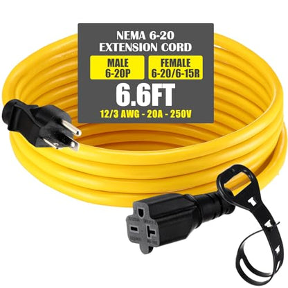 6.6 ft Nema 6-20 Extension Cord, Nema 6-20p Male Plug to 6-20r/6-15r Female Receptacle, 20 Amp T-Blade Outlet Extension Power Cord with Waterproof Sockets, Heavy Duty 12/3 Awg, 250v, 5000w - size: 6.6 ft