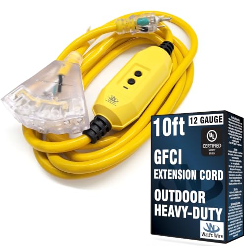 10 ft GFCI Extension Cord - Outdoor Extension Cord - Heavy Duty Outdoor Extension Cords 10 ft with Multiple Outlets - Watt's Wire - 10' Grounded - GFI Cord - size: 10 Ft