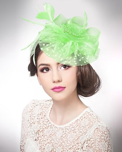 Fascinator Tea Party Hat Women 20s 50s Wedding Cocktail Flower Mesh Feathers Hair Clip for Carnival Halloween - color: A-light Green