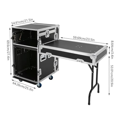 12U Mobile PA DJ Rack Road Case, Network & Stereo Rack with DJ Mixer Tops, Heavy-Duty 2-Tier Studio Equipment Cabinet with 4 Wheels, Amplifier Mixer Storage Stand for Live Sound, KTV, Home Theater - size: 12U / Side Table