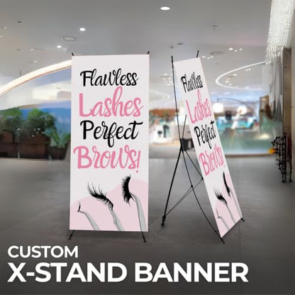 DreamController Lashes & Brows X-Stand Banner by DC | 30"x65" Tripod Display | Flawless Lashes Perfect Brows Vertical Banner for Trade Shows & Events | Made in USA | (Stand Not Included) - color: Flawless Lashes Perfect Brows, size: X Banner - 30x65"