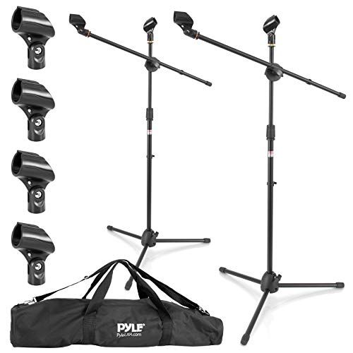 Pyle Universal Tripod Microphone Stand - Pair of Adjustable Height 27.5” to 52” High and Extendable Boom Length 24” w/ Lock Tension Knob - 2 M-6 Microphone Holder and Heavy Duty Carry Bag