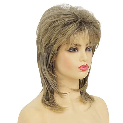 Blonde Mullet Wig for Women Short Shaggy Layered Hair Dark Roots Cosplay Rocker 70s 80s Costume Wigs - color: Blonde