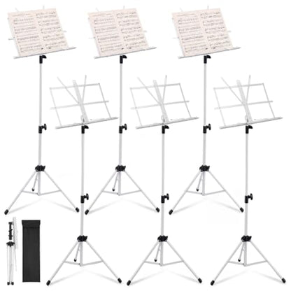 Threehoney 6 Pack Portable Folding Music Stand with Carrying Bags, Dual Use Metal Desktop Book Holder, Adjustable Height 25.6–59", Stable Tripod for Musicians, Students & Band (White) - color: White