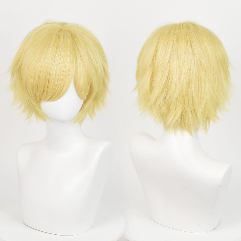 LABEAUTÉ Short Golden Anime Cosplay Wig Male Men Anime Layered Unisex Heat Resistant Hair Wig with Bangs for Party and Halloween for Gift + Free Cap - color: Golden