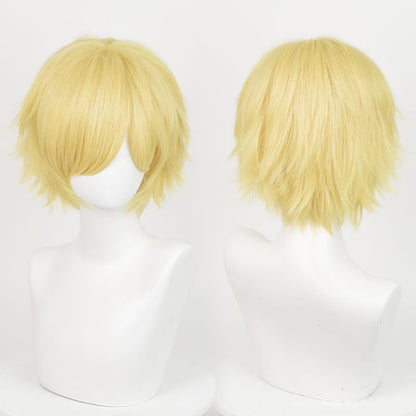 LABEAUTÉ Short Golden Anime Cosplay Wig Male Men Anime Layered Unisex Heat Resistant Hair Wig with Bangs for Party and Halloween for Gift + Free Cap - color: Golden