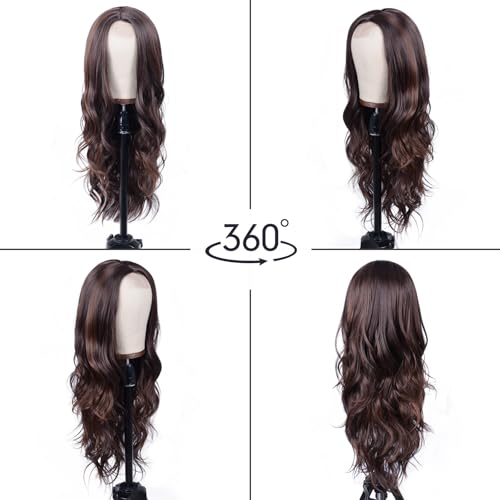 Aida ble Long Wavy Dark Brown Mix Blonde Highlight Wig for Women 26inch | Natural Looking Synthetic Hair,Suitable for Daily Wear,Party,Halloween and Cosplay,Beginner-friendly,Lightweight and soft - color: Dark Brown Mixed Blonde Highlight