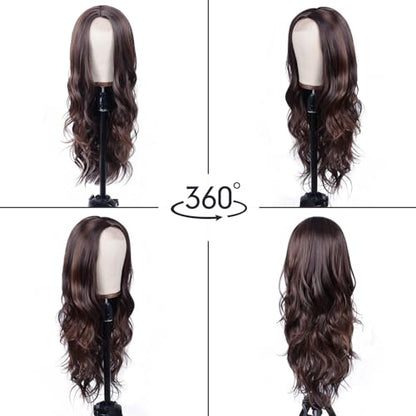 Aida ble Long Wavy Dark Brown Mix Blonde Highlight Wig for Women 26inch | Natural Looking Synthetic Hair,Suitable for Daily Wear,Party,Halloween and Cosplay,Beginner-friendly,Lightweight and soft - color: Dark Brown Mixed Blonde Highlight