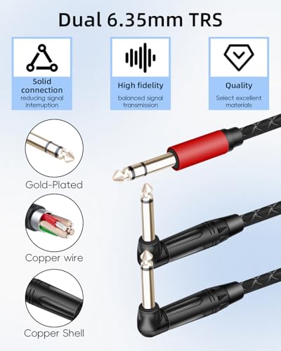 Guitar Cable 1/4 inch TRS Stereo to Right Angle Dual 1/4 inch TS Mono Insert Cable,Stereo Y Splitter Cable,6.35mm TRS Male to 90 Degree Dual 6.35mm TS Male Audio Cord(1.64FT/0.5M) - style: 6.35 TRS to 90 Dual 6.35 TS(1.64FT/0.5M)