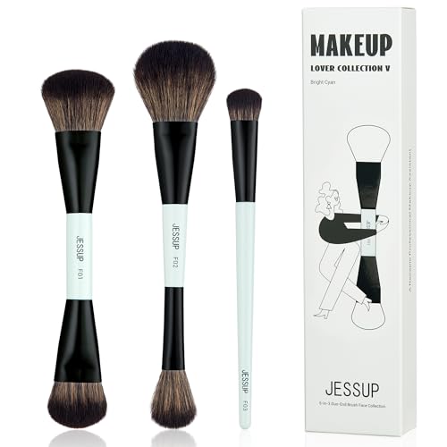 Jessup Face Makeup Brushes Blue 3pcs Double Ended Makeup Brush for Foundation Contour Blush Highlight and Concealer Brush, Premium Synthetic Brush Set T503 - style: T503