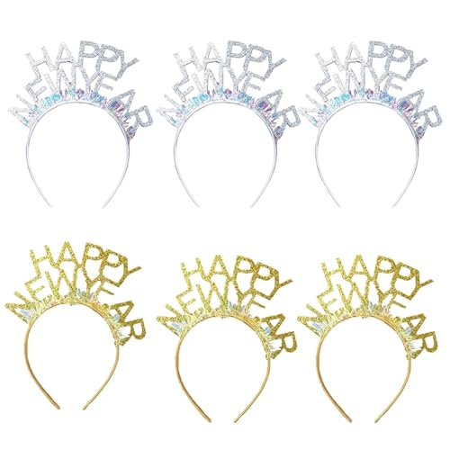 6 Pcs Happy New Year Headband New Years Eve Headwear Gold Silver Glitter Flashing Headband for Christmas 2026 New Year Eve Party Supplies