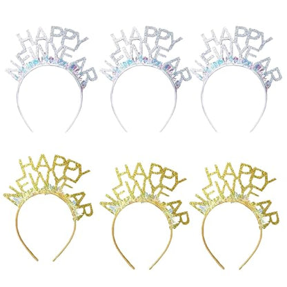 6 Pcs Happy New Year Headband New Years Eve Headwear Gold Silver Glitter Flashing Headband for Christmas 2026 New Year Eve Party Supplies