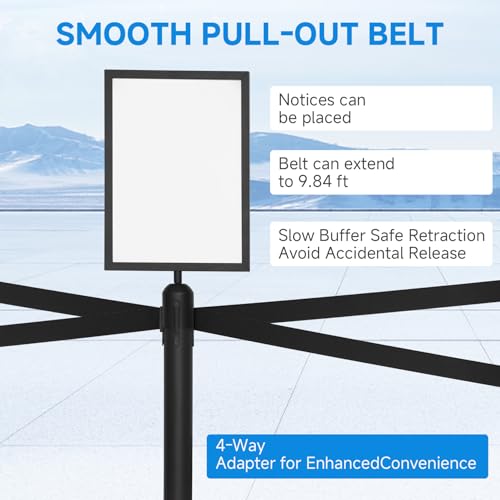 12 Pack Crowd Control Stanchion Set with 9.8ft Retractable Belt, Safety Barrier Post & 2 Pcs Sign Holder - Black Heavy Duty Crowd Control Barriers for Events, Weddings, Theaters, Exhibitions
