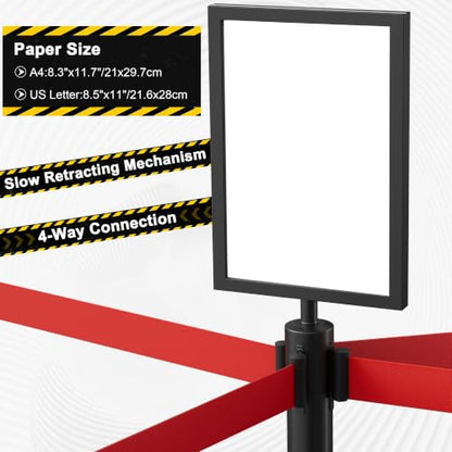 8-Pack Black Stainless Steel Crowd Control Stanchions, 9.8 ft Retractable Red Safety Belts with 2 Sign Holders(Red Belt) - color: Black stanchions w Red Belt, size: 8 pcs