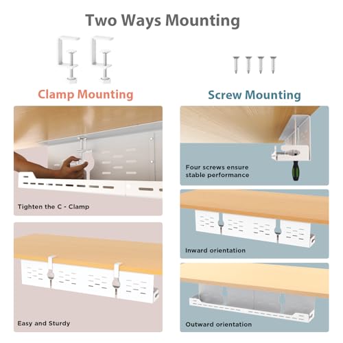 Univivi Under Desk Cable Management Tray, Cable Management, 32 inch, White | Durable Steel Material, Under Desk Cable Tray with No-Drill C-Clamp and Screw Mount, Wire Management for Office/Home - color: White, size: 32"