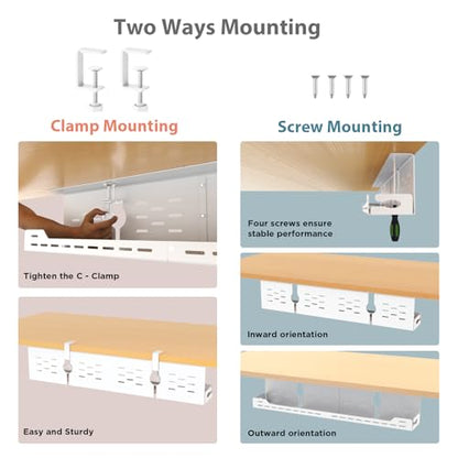 Univivi Under Desk Cable Management Tray, Cable Management, 32 inch, White | Durable Steel Material, Under Desk Cable Tray with No-Drill C-Clamp and Screw Mount, Wire Management for Office/Home - color: White, size: 32"
