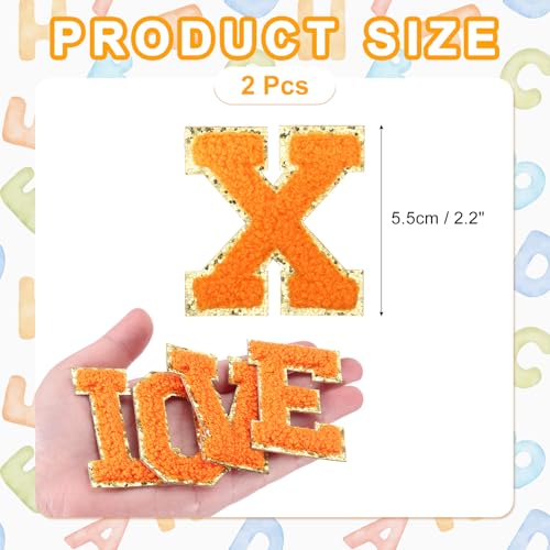 MECCANIXITY Chenille Letter Patches 2.2" Self Adhesive Alphabet X Stick on Embroidered Patch Sew on Letter Stickers Applique for Repairing Clothing Jeans Shoes Hats DIY(Orange, Pack of 2) - style: Letter-X