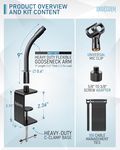 KC32 9-Inch Gooseneck Mic Stand, Heavy-Duty Desk Clamp for Podium | Flexible Arm Microphone Holder, Lectern Mount, 5/8-27 Thread, 3/8-16 Adapter, Mic Clip, Podcast, Pulpit, Studio, 3.5 lb Load - size: 9-INCH