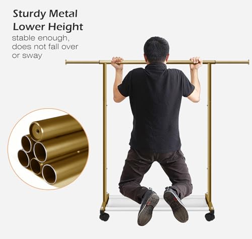 MISSLO Short Clothing Racks for Hanging Clothes with Bottom Shelves and Wheels Heavy Duty Rolling Clothes Rack Kids Clothing Rack for Adult Coat, Closet, Wardrobe (Gold) - color: Gold