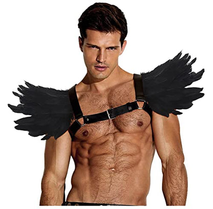L'VOW Men Gothic Natural Real Feather Epaulet Shrug Shoulder Strap for Halloween Costume - Pack of 2 - color: C-belt Black
