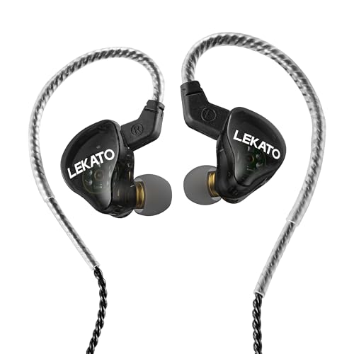 LEKATO H5 Headphones In Ear Monitors Hybrid Hifi IEM Earphones for Musicians Singers Detachable 2Pin Cable 1BA+1DD Wired Gaming Earbuds Professional Deep Bass Sound Isolating (Without Mic, Clear Dark)