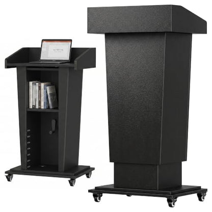 MOOFI Height Adjustable Wooden Podium Lectern with Wheels, Mobile Rolling Presentation Stand with Storage Shelves, Teacher Podium for Classroom, Church, Office and Conference Room (Black) - color: Black
