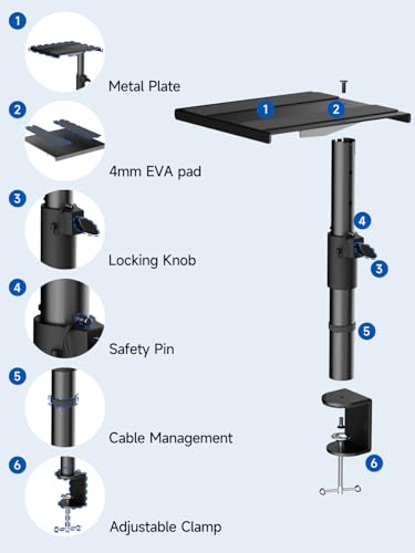 suptek Clamp-on Speaker Stand Desk Mount Set, Height Adjustment, Swivel, 9.6 x 8.8 inch Trays, Universal Audio Holders for Bookshelf Speakers, Elevated Sound, Against the Wall, 2 Pack, Black, SDM001K - size: Speaker Stands Against the Wall