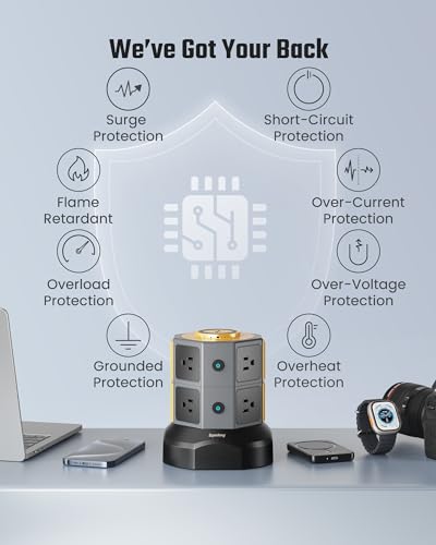 SUPERDANNY 8 AC 15W Wireless Charger Power Strip Tower, 13A, 1050J, Gold - color: Gold, size: 8AC+2USB-A+2USB-C | 6.5 ft | 15 W Wireless