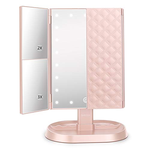 deweisn Trifold Lighted Vanity Makeup Mirror with 21 LED Lights,1x/2x/3x Magnification and Touch Screen Dimming,Two Power Supplies Makeup Mirror, Gift for Women - color: Pink