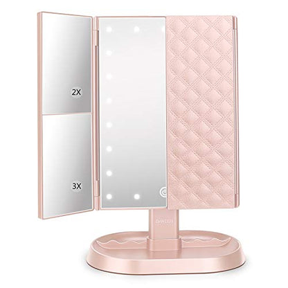 deweisn Trifold Lighted Vanity Makeup Mirror with 21 LED Lights,1x/2x/3x Magnification and Touch Screen Dimming,Two Power Supplies Makeup Mirror, Gift for Women - color: Pink