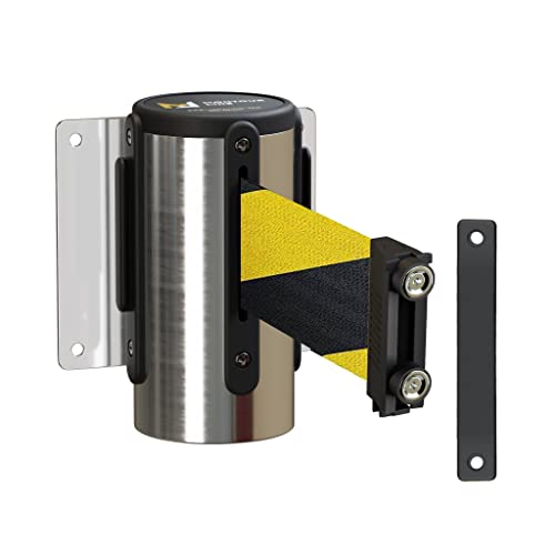 Montour Line WM115 Wall Mounted Retractable Belt Barrier with Magnetic Belt End, Magnetic Mount, Polished Stainless Steel Casing (8.5 ft Black and Yellow Diagonal Belt) - color: Black and Yellow Diagonal, size: 8.5 ft