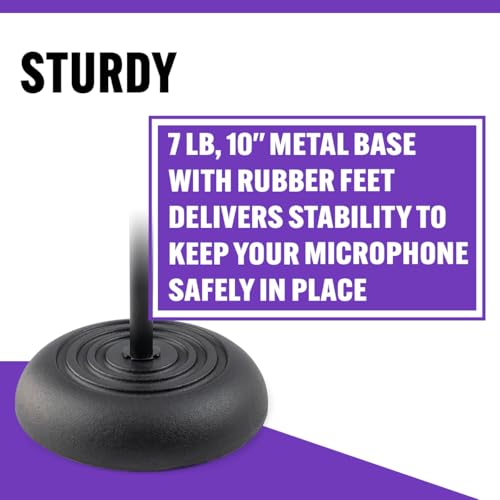 On-Stage MS7201B Round-Base Mic Stand (Supports Dynamic and Condenser Microphones, Height Adjustable 33"–60", Standard 5/8"-27 Threading, 7 lb, 10" Metal Base, Rubber Feet, Cable-Management Clip) | 7 lb weighted base with die-cast zinc clutch and 5/8-27 t