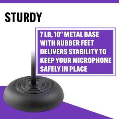 On-Stage MS7201B Round-Base Mic Stand (Supports Dynamic and Condenser Microphones, Height Adjustable 33"–60", Standard 5/8"-27 Threading, 7 lb, 10" Metal Base, Rubber Feet, Cable-Management Clip) | 7 lb weighted base with die-cast zinc clutch and 5/8-27 t