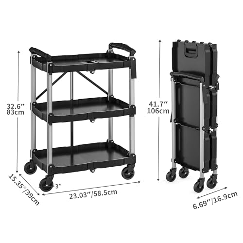 YITAHOME 3-Tier Folding Utility Cart with Wheels (2 Brakes), 240lbs - size: 240 LBS with 23.03" L x 15.35" W x 32.6"H