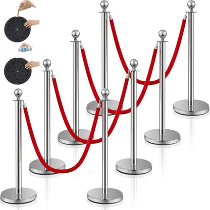 Ferraycle 8 Pcs 2026 Prom Stainless Steel Stanchion 5 ft Velvet Carpet Ropes and Pole Crowd Control Barriers Grand Opening Casino Movie Theme Party 360 Photo Booth Accessories (Silver) - color: Silver