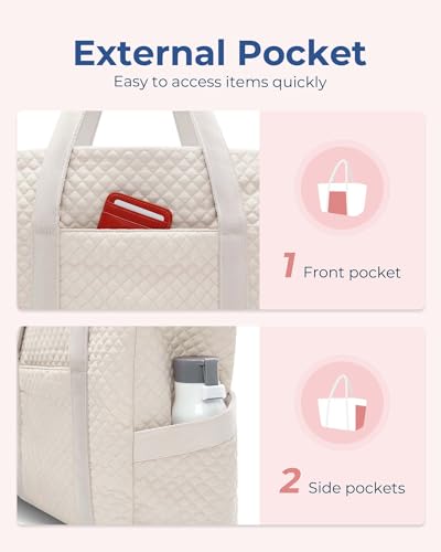 BAGSMART Crush Tote Bag for Women, 20L Puffer Work Tote with Zipper, Travel Essentials Quilted Nurse Hospital Bag - color: Beige