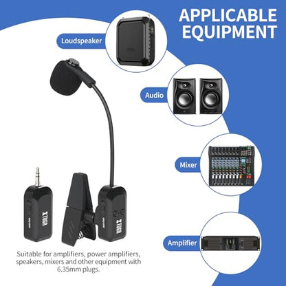 XTUGA Wireless Saxophone Microphone System 2.4G Rechargeable Clip-On Wireless Instrument Microphone, Trumpet, Trombone Brass, 6 Hours Battery (KX-721-2)