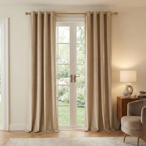 NICETOWN Beige Room Darkening Velvet Curtains 108 inches Long, Luxury Soft Touch Grommet Top Window Treatment Panels for Living Room/Bedroom/Home Theatre (2 PCs) - color: Beige, size: 52"W x 108"L (Pack of 2)
