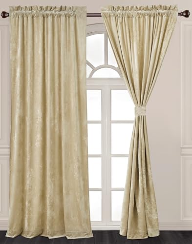 Chezmoi Collection Lux Beige Crushed Velvet Curtains 2 Panel Set - 84 inches Long Room Darkening Luxury Distressed Velvet Rod Pocket Window Drapes for Living Room Bedroom 50" W x 84" L - color: Beige