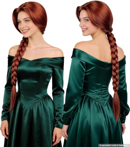 Red Brown Braided Cosplay Wig, Long Synthetic Costume Hair | Adjustable cap included, long red-brown braid for princess costume, Halloween, fantasy dress-up, parties, and role play - color: Red