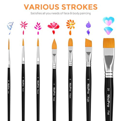 Nicpro Face Paint Brush Set, 7PCS Professional Face & Body Painting Brushes | Synthetic Nylon Hair with Black Handles, Makeup Paintbrush Kit for Halloween Cosplay, Acrylic Watercolor Gouache - color: Black