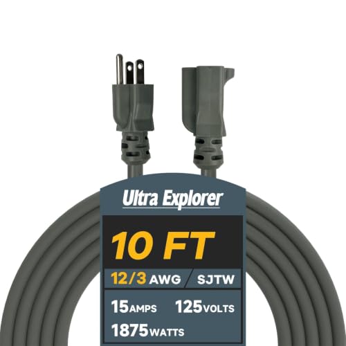 12 Gauge Heavy Duty Extension Cord 10 Ft, 3 Prong Grounded | Cold Resistant, Waterproof, Indoor & Outdoor Use, SJTW, 15A 125V 1875W, Gray, ETL Listed - color: Grey, size: 10 FT