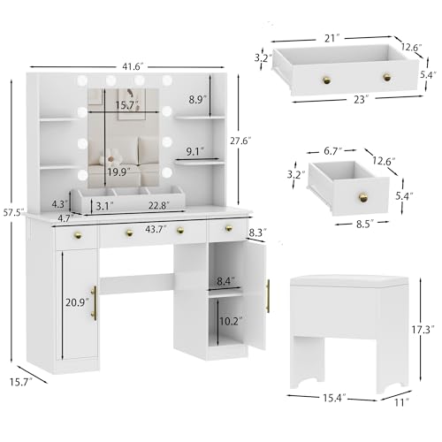 HUANLEGO Vanity Desk with Mirror and Lights, Makeup Vanity with Charging Station & Vanity Stool, 3 Drawers and Cabinets White Vanity Mirror with RGB LED Lights Vanity Desk and Chair for Women | Makeup Vanity Mirror with Lights Desk and Chair, Charging Sta
