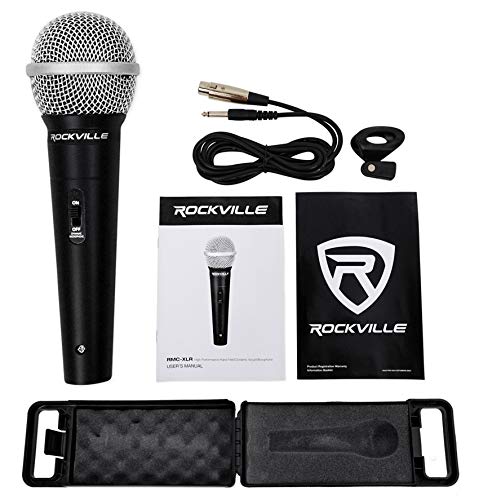 Rockville RMC-XLR Dynamic Metal Microphone with 2 Cables, 4-Pack | Neodymium, Unidirectional, XLR and 1/4 Connectors, 10 Ft OFC Copper, M-56 Cartridge, Mic Clip, Carry Case, DJ Handheld Wired