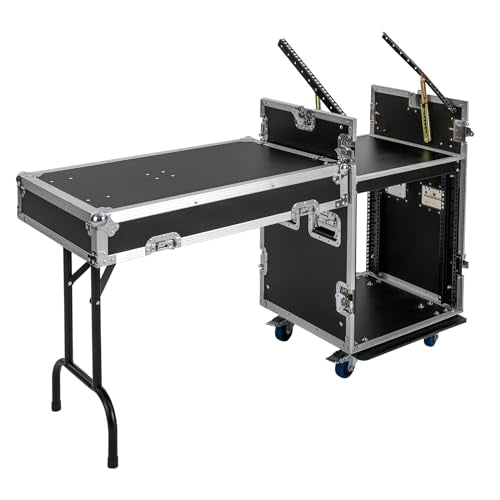 12U Mobile PA DJ Rack Road Case, Network & Stereo Rack with DJ Mixer Tops, Heavy-Duty 2-Tier Studio Equipment Cabinet with 4 Wheels, Amplifier Mixer Storage Stand for Live Sound, KTV, Home Theater - size: 12U / Side Table