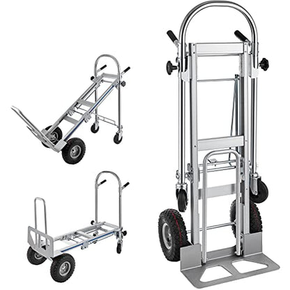 TOPDEEP 3in1 Aluminum Hand Truck,Convertible Hand Truck Dolly Large Size 1000 lb Capacity, Utility Cart Converts from Hand Truck to Platform Cart with 10" Hi Tech Rubber Wheels